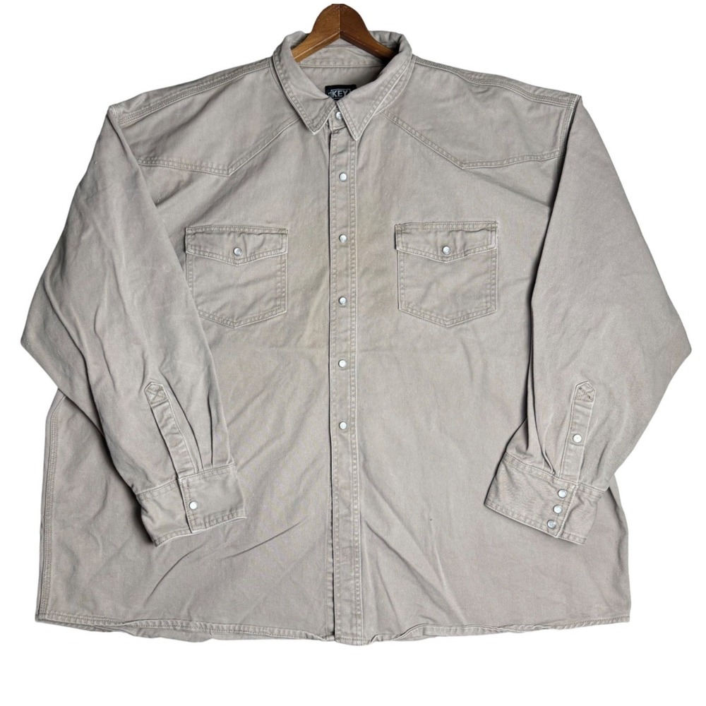 VTG Key Industries Mens 4XLT Tan Cotton Twill Western Pearl Snap Work Shirt Tall